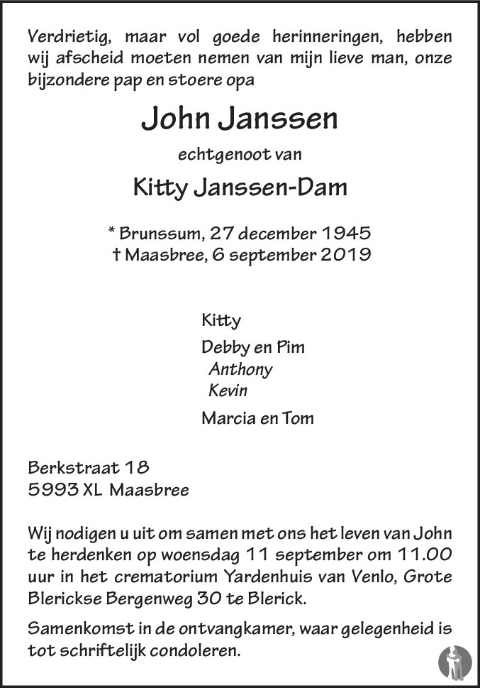 John Janssen 06-09-2019 overlijdensbericht en condoleances - Mensenlinq.nl