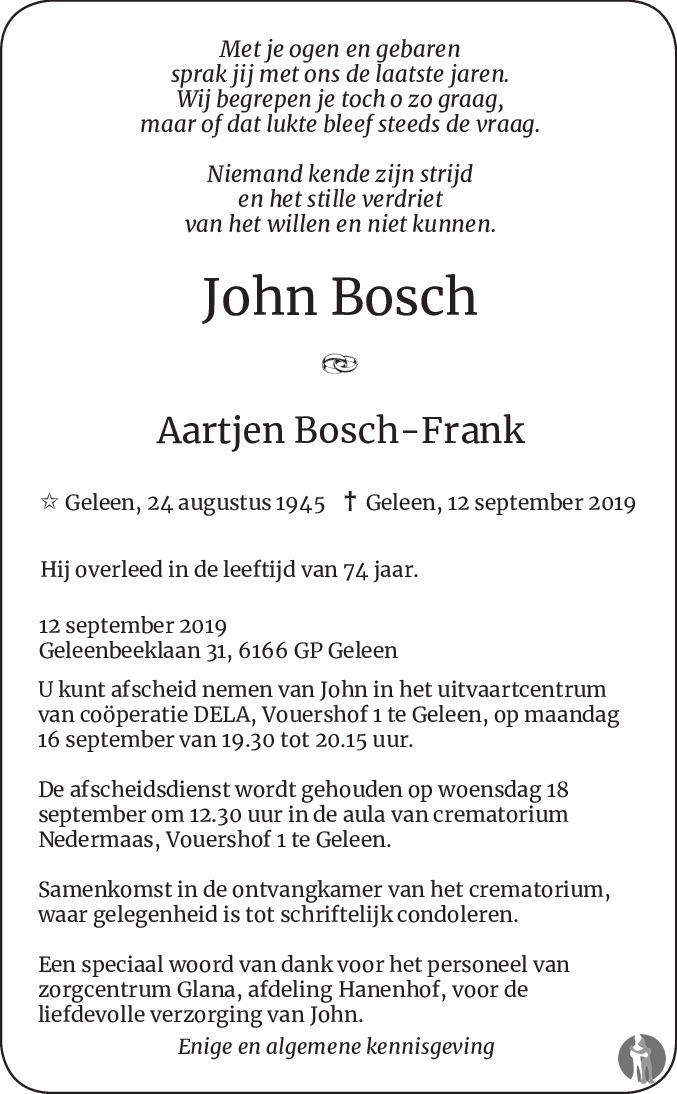 John Bosch 12092019 overlijdensbericht en condoleances Mensenlinq.nl