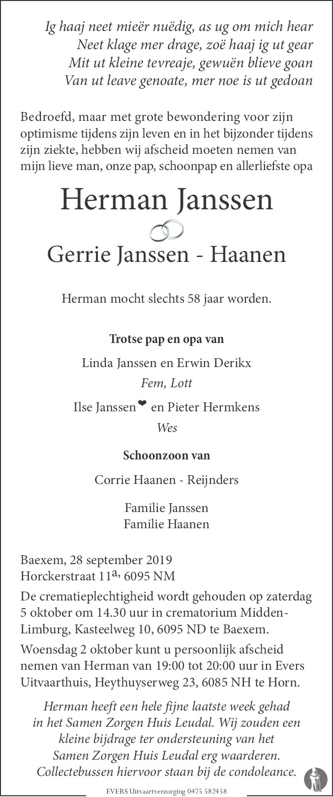 Herman Janssen 28-09-2019 overlijdensbericht en condoleances ...