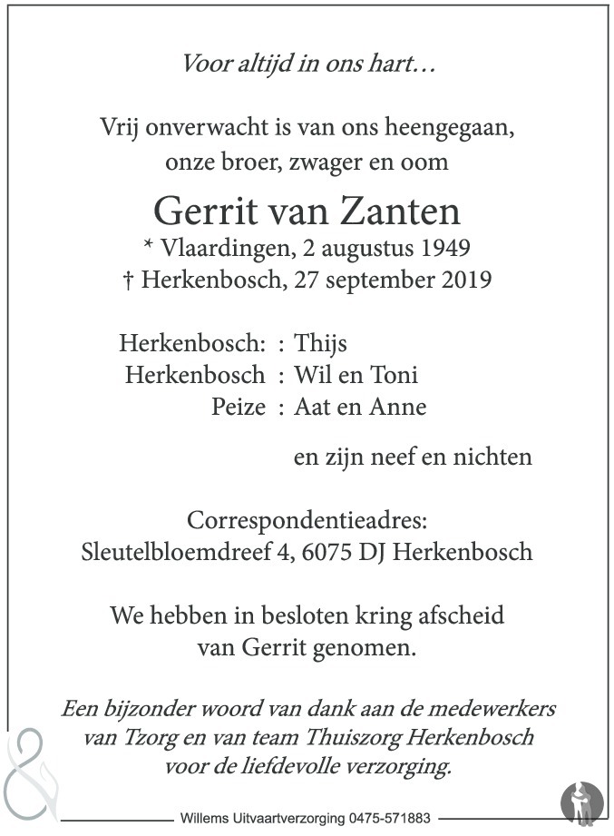 Gerrit van Zanten 27-09-2019 overlijdensbericht en condoleances ...