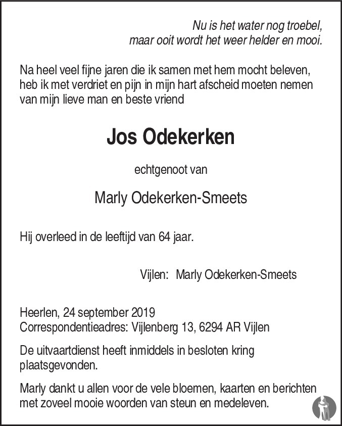 Jos Odekerken 24-09-2019 overlijdensbericht en condoleances - Mensenlinq.nl