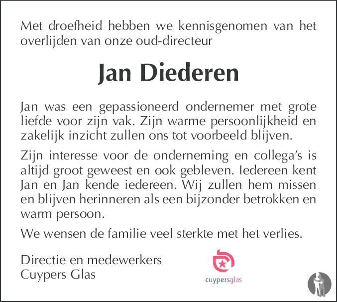 Jan Diederen 25112019 overlijdensbericht en condoleances  Mensenlinq.nl