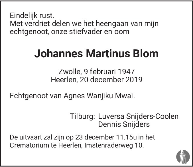 Johannes Martinus Blom 20122019 overlijdensbericht en condoleances