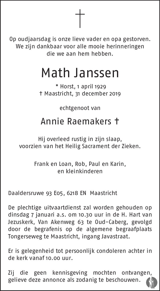 ongebruikt uitblinken datum Math Janssen ✝ 31-12-2019 overlijdensbericht en condoleances - Mensenlinq.nl