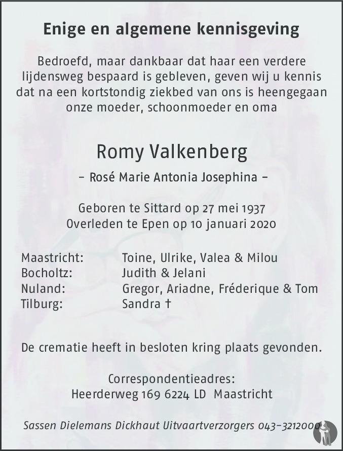 Overlijdensbericht van Romy (Rosé Marie Antonia Josephina) Valkenberg in De Limburger