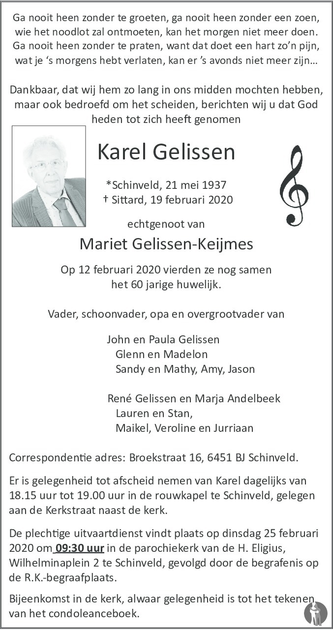 Karel Gelissen 19022020 overlijdensbericht en condoleances