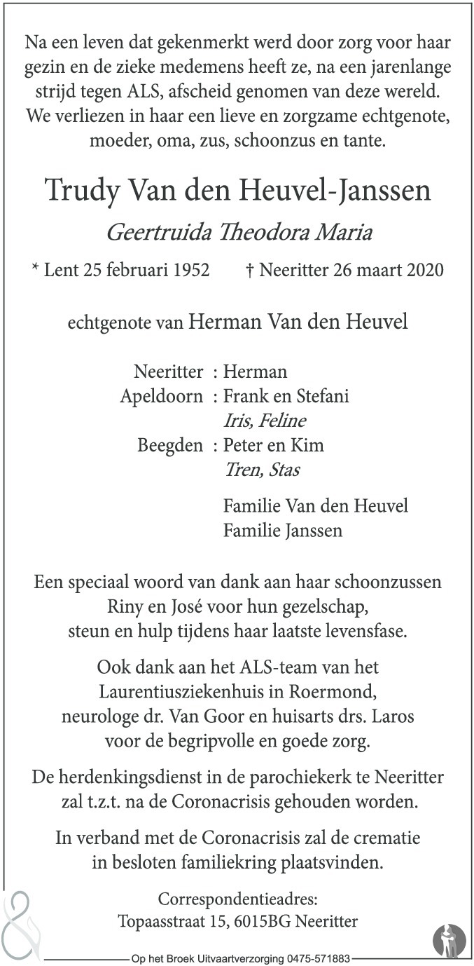 Geertruida Theodora Maria (Trudy) Van den HeuvelJanssen 26032020 overlijdensbericht en Geertruida Theodora Maria (Trudy) Van den HeuvelJanssen 26032020 overlijdensbericht en