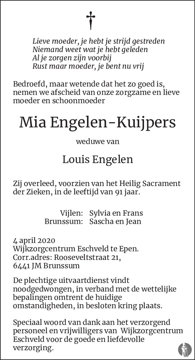 Overlijdensbericht van Mia Engelen-Kuijpers in De Limburger