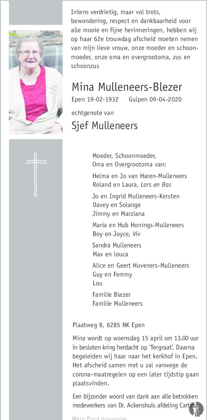 Overlijdensbericht van Mina Mulleneers-Blezer in De Limburger