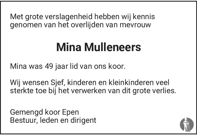 Overlijdensbericht van Mina Mulleneers-Blezer in De Limburger