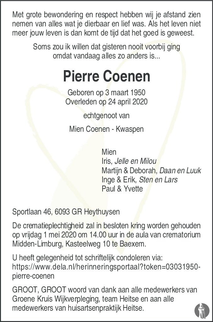 Pierre Coenen 24-04-2020 overlijdensbericht en ...