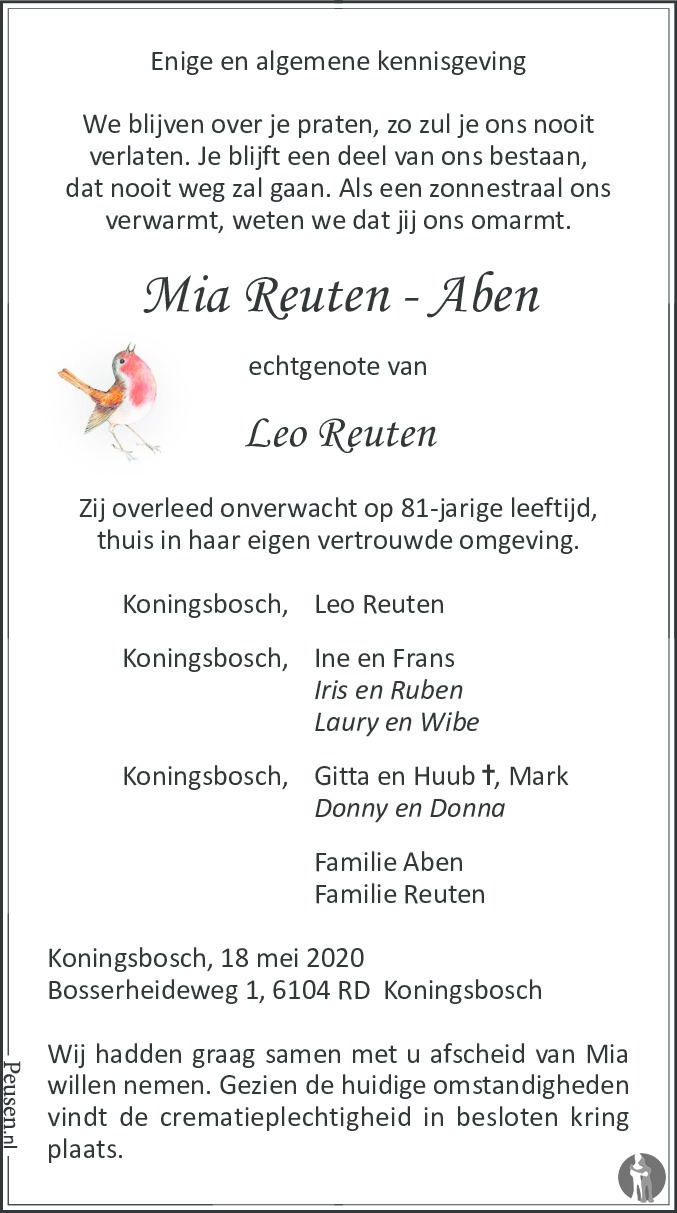 salade Voel me slecht Verslijten Mia Reuten-Aben ✝ 18-05-2020 overlijdensbericht en condoleances -  Mensenlinq.nl