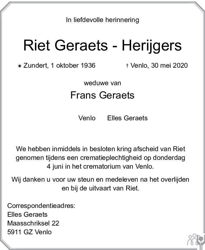 Overlijdensbericht van Riet Geraets-Herijgers in De Limburger