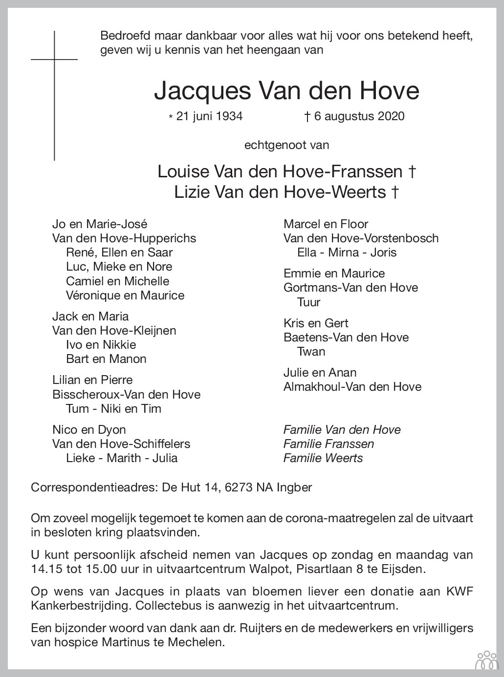 Jacques Van den Hove 06-08-2020 overlijdensbericht en condoleances ...