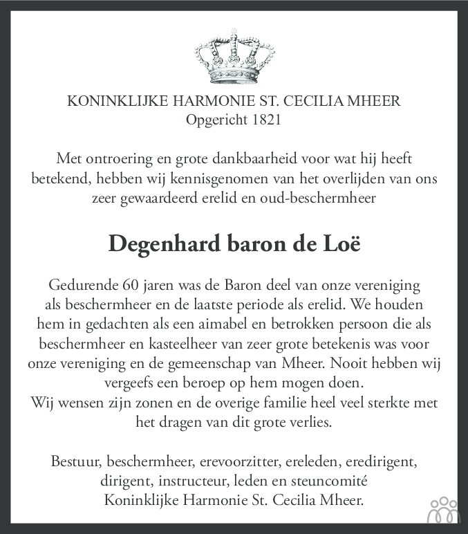 Overlijdensbericht van Degenhard Edmund Levin Maria Josef Hubert baron de Loë in De Limburger