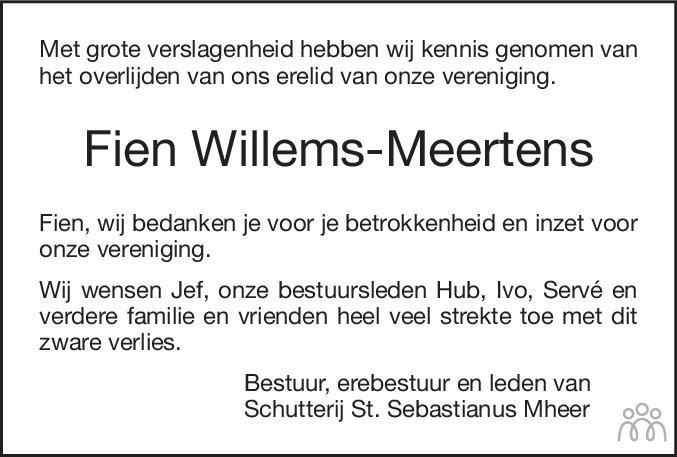Overlijdensbericht van Fien Willems-Meertens in De Limburger