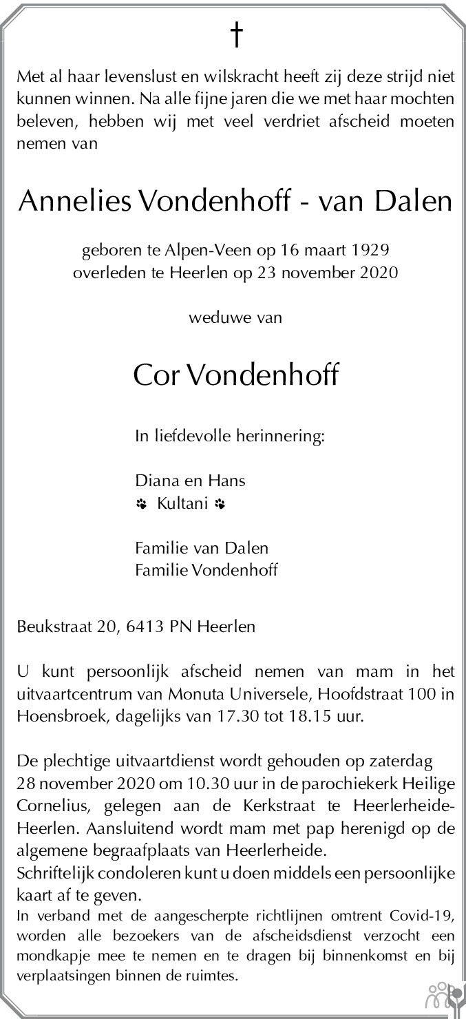 Overlijdensbericht van Annelies Vondenhoff-van Dalen in De Limburger