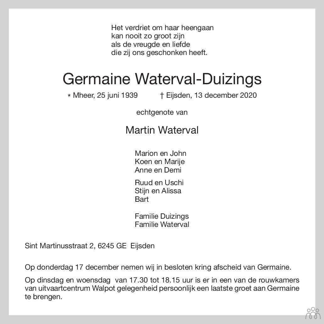 Overlijdensbericht van Germaine Waterval-Duizings in De Limburger