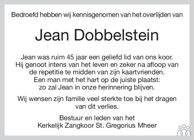Overlijdensbericht van Jean Dobbelstein in De Limburger
