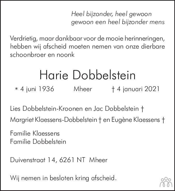 Overlijdensbericht van Harie Dobbelstein in De Limburger