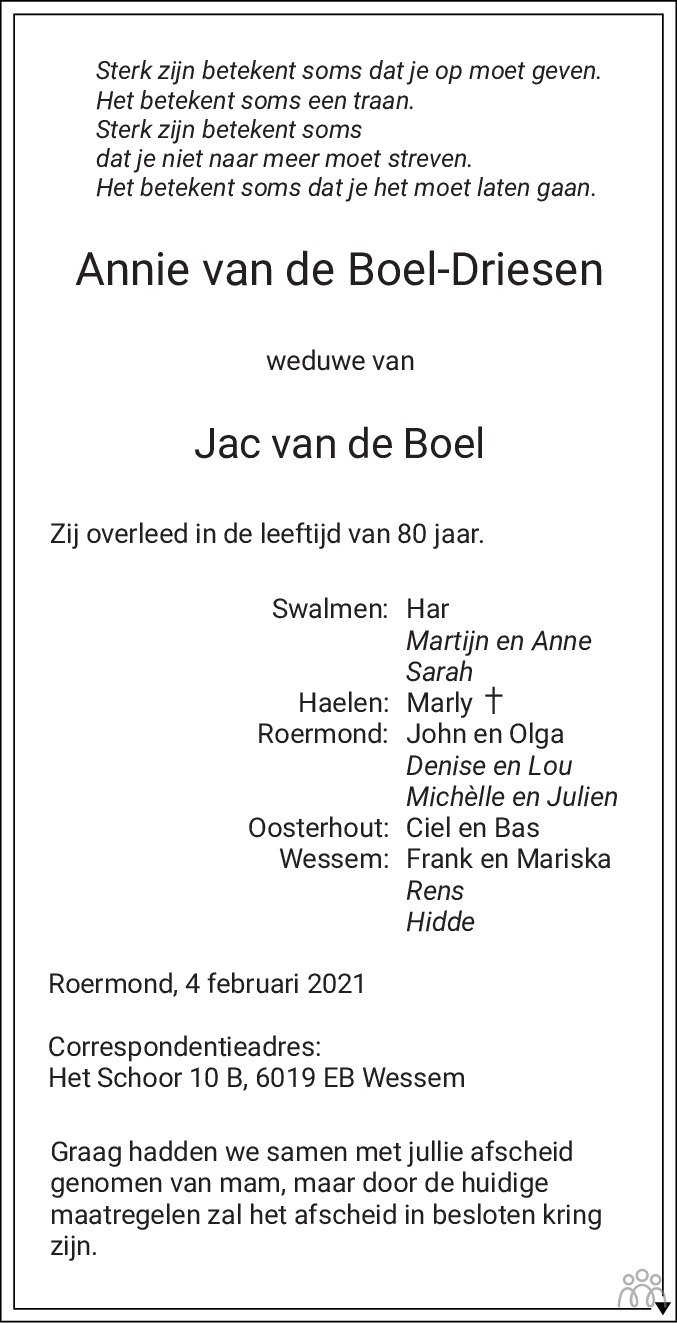 Annie van de Boel-Driesen 04-02-2021 overlijdensbericht en condoleances ...