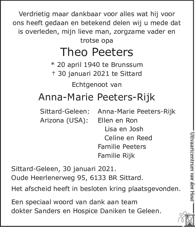 Theo Peeters 30012021 overlijdensbericht en condoleances Mensenlinq.nl