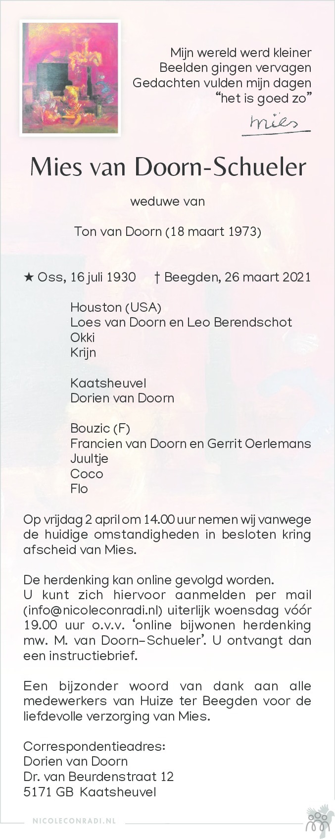 Overlijdensbericht van Mies van Doorn-Schueler in De Limburger