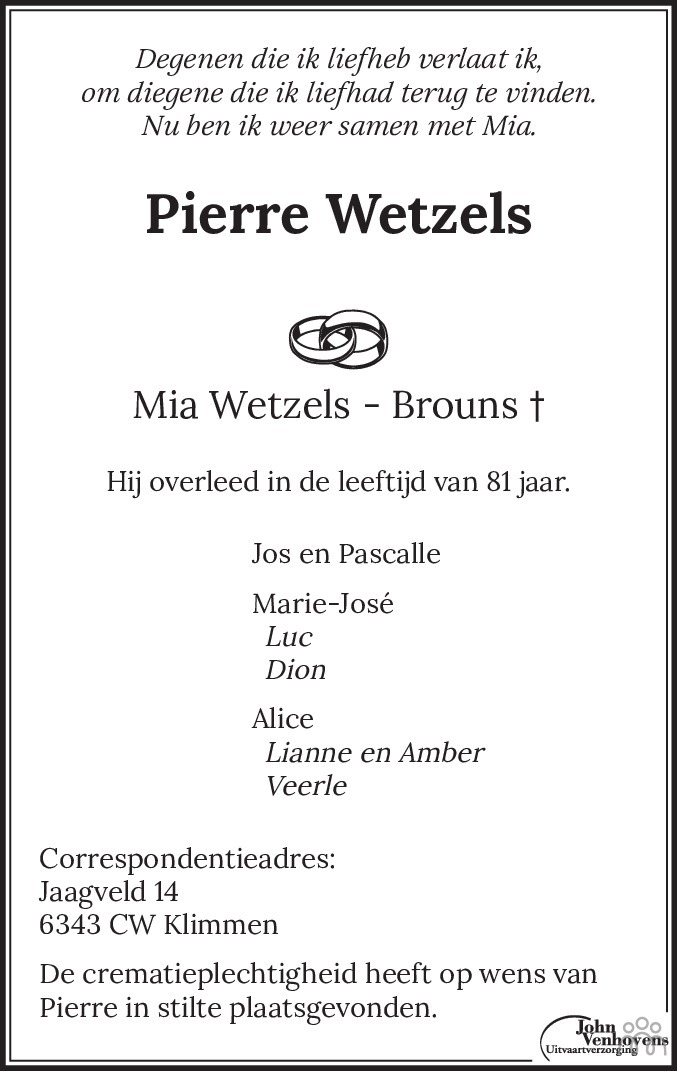 Pierre Wetzels 01-04-2021 Overlijdensbericht En Condoleances ...