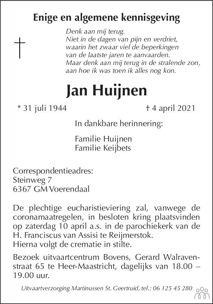 Overlijdensbericht van Jan Huijnen in De Limburger