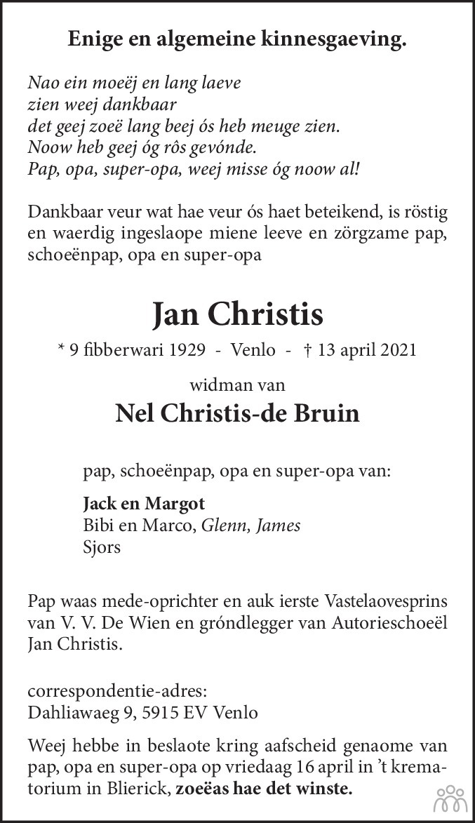 Overlijdensbericht van Jan Christis in De Limburger
