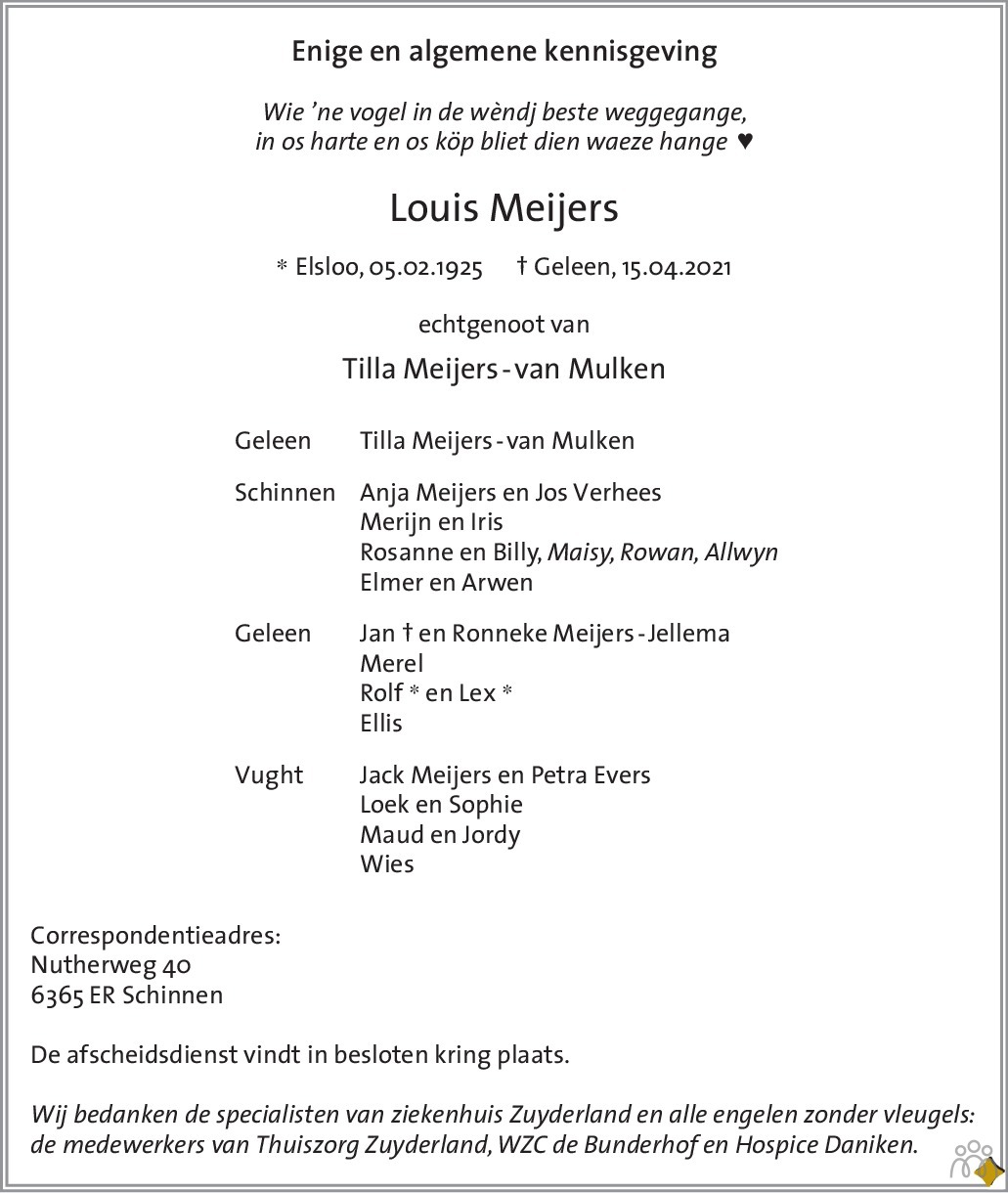 Overlijdensbericht van Louis Meijers in De Limburger