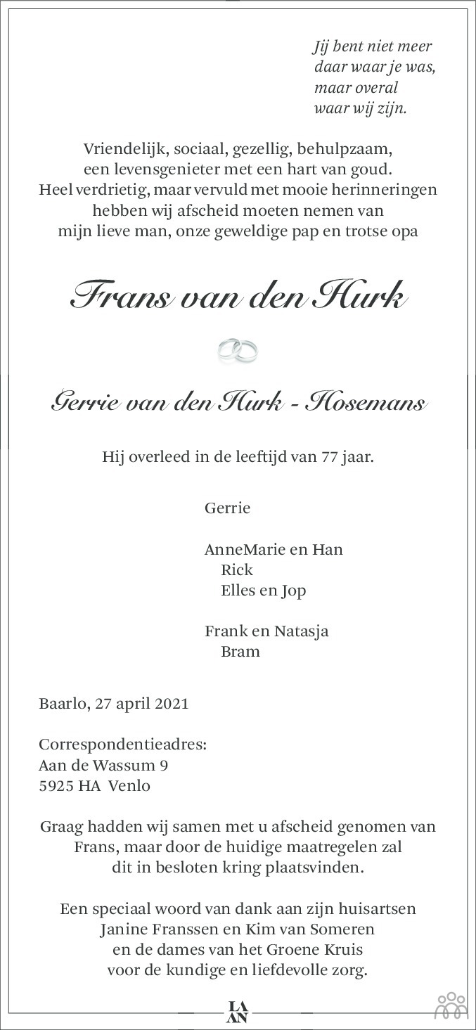 Overlijdensbericht van Frans van den Hurk in De Limburger
