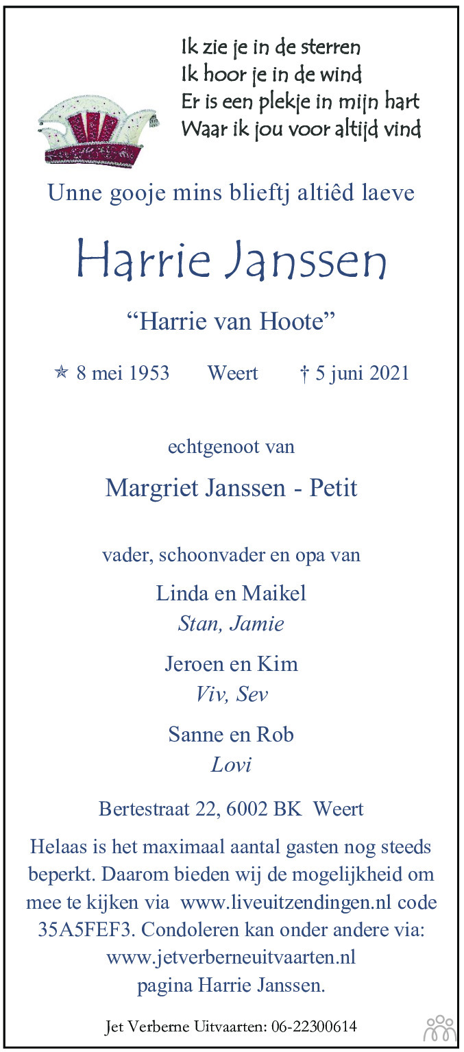 Overlijdensbericht van Harrie Janssen in De Limburger