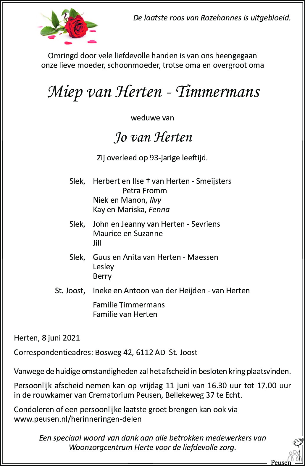 Overlijdensbericht van Miep van Herten-Timmermans in De Limburger