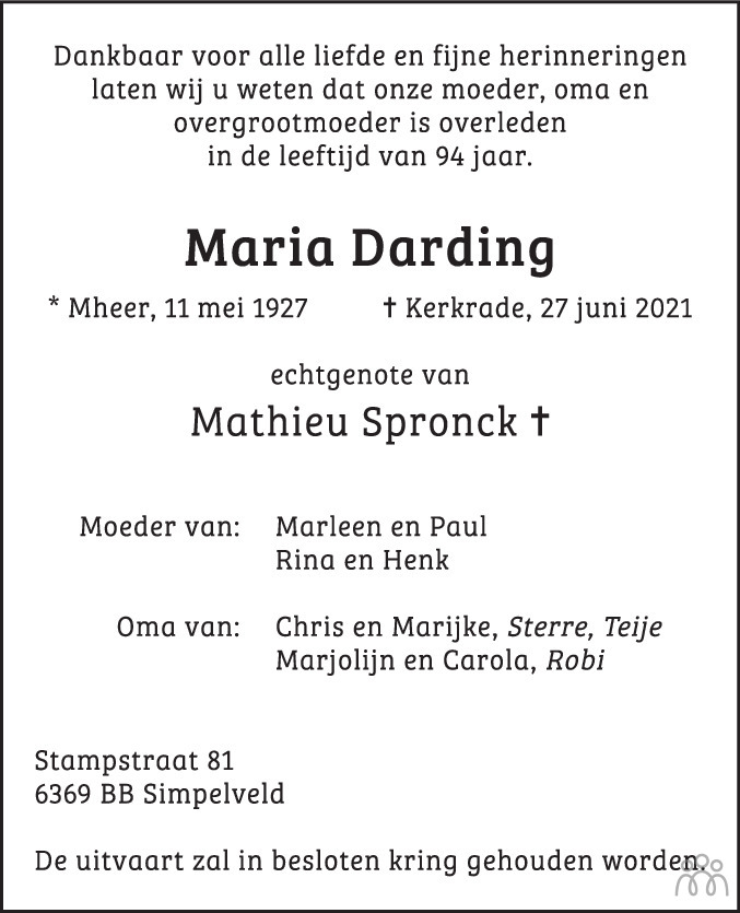 Overlijdensbericht van Maria Darding in De Limburger
