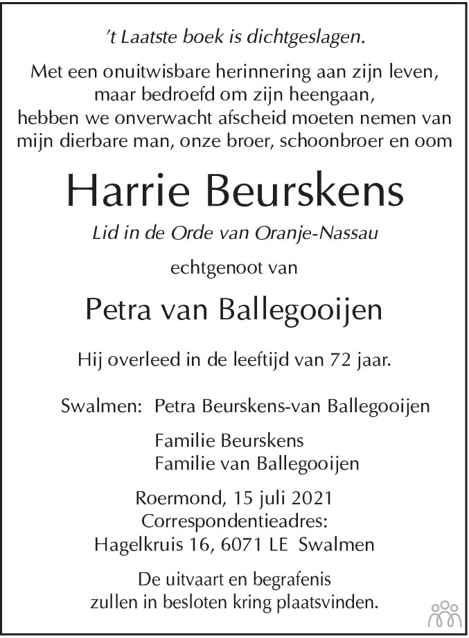 Overlijdensbericht van Harrie Beurskens in De Limburger