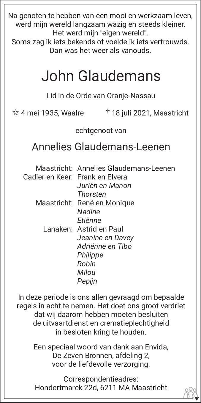 Overlijdensbericht van John Glaudemans in De Limburger
