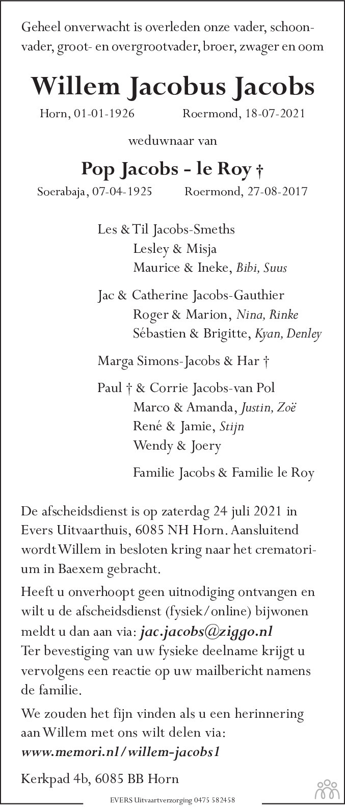 Overlijdensbericht van Willem Jacobus Jacobs in De Limburger
