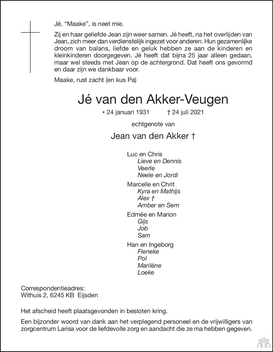 Overlijdensbericht van Jé van den Akker-Veugen in De Limburger