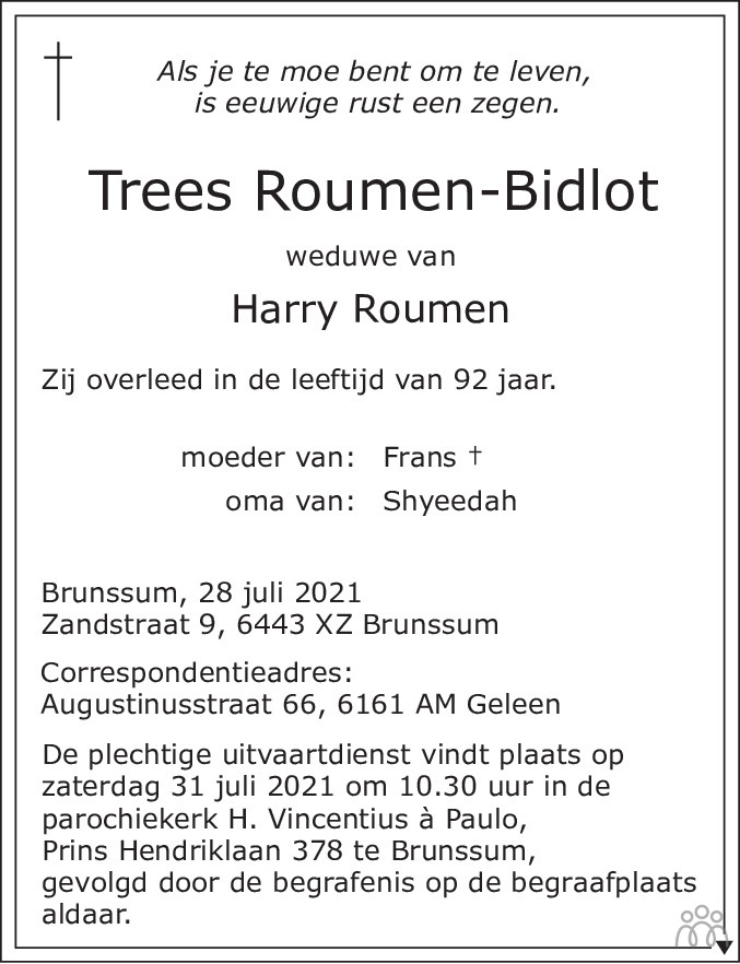 Overlijdensbericht van Trees Roumen-Bidlot in De Limburger