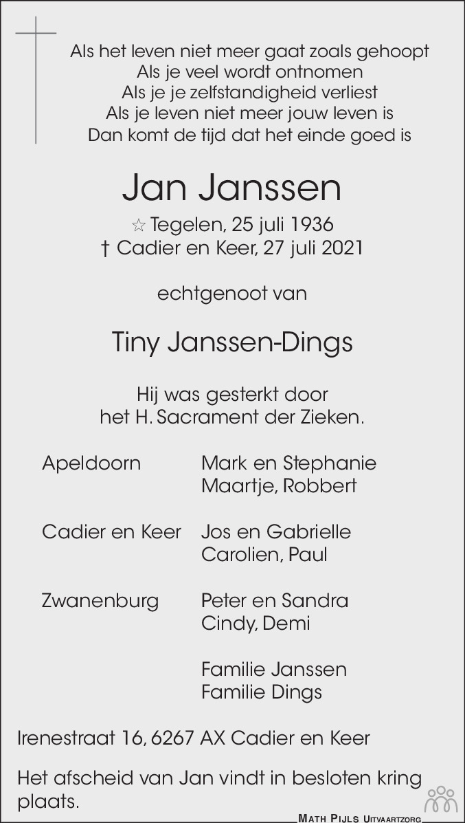 Overlijdensbericht van Jan Janssen in De Limburger