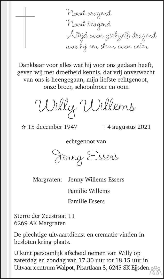 Willy Willems 04082021 overlijdensbericht en condoleances Mensenlinq.nl