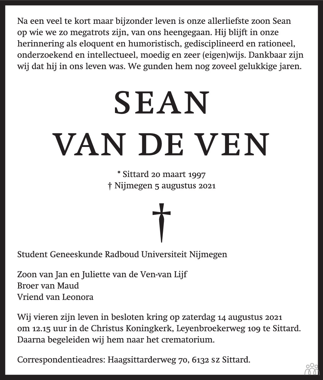 Sean van de Ven ✝ 05-08-2021 overlijdensbericht en condoleances -  Mensenlinq.nl