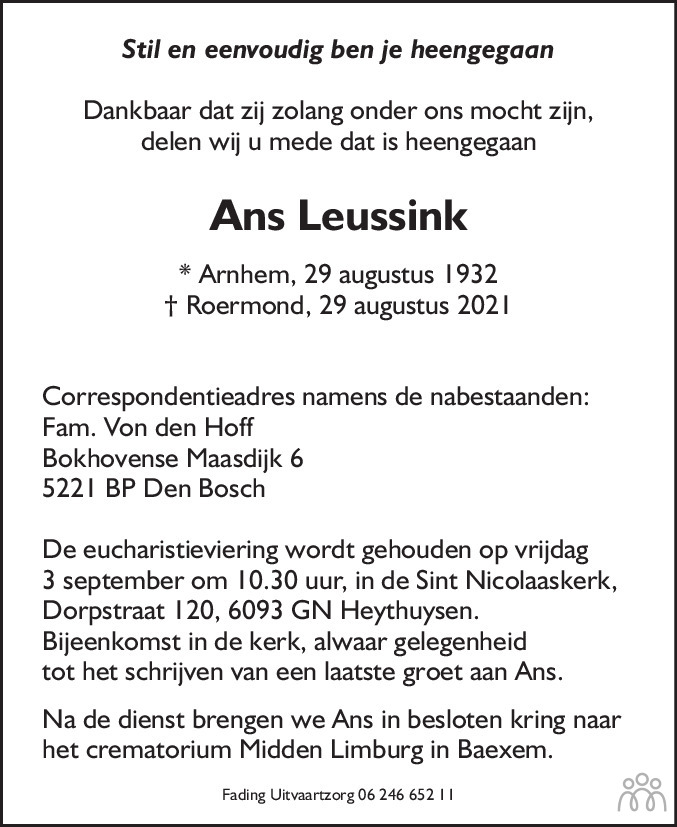 Ans Leussink 29-08-2021 overlijdensbericht en condoleances - Mensenlinq.nl