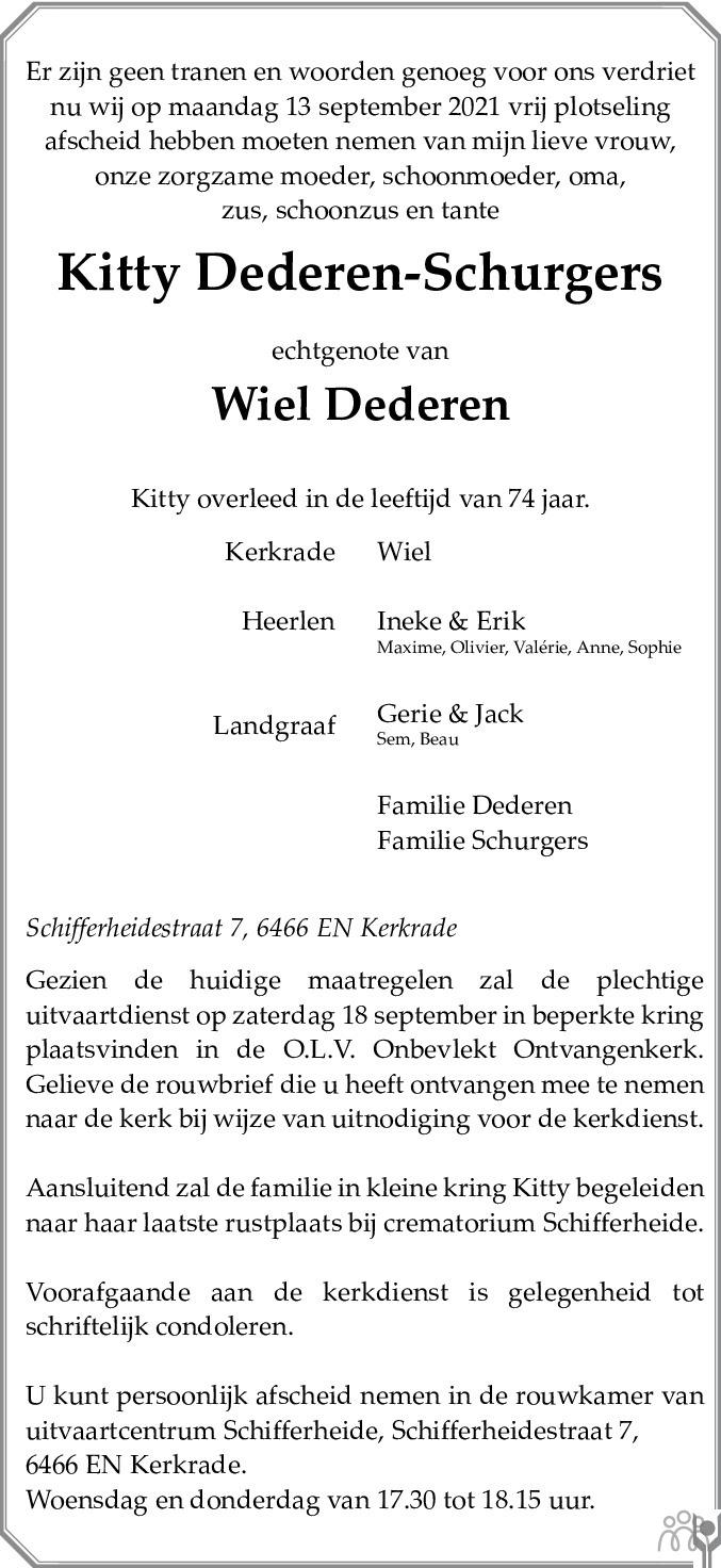Overlijdensbericht van Kitty Dederen-Schurgers in De Limburger