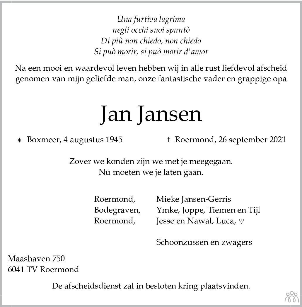 Jan Jansen 26-09-2021 overlijdensbericht en condoleances - Mensenlinq.nl