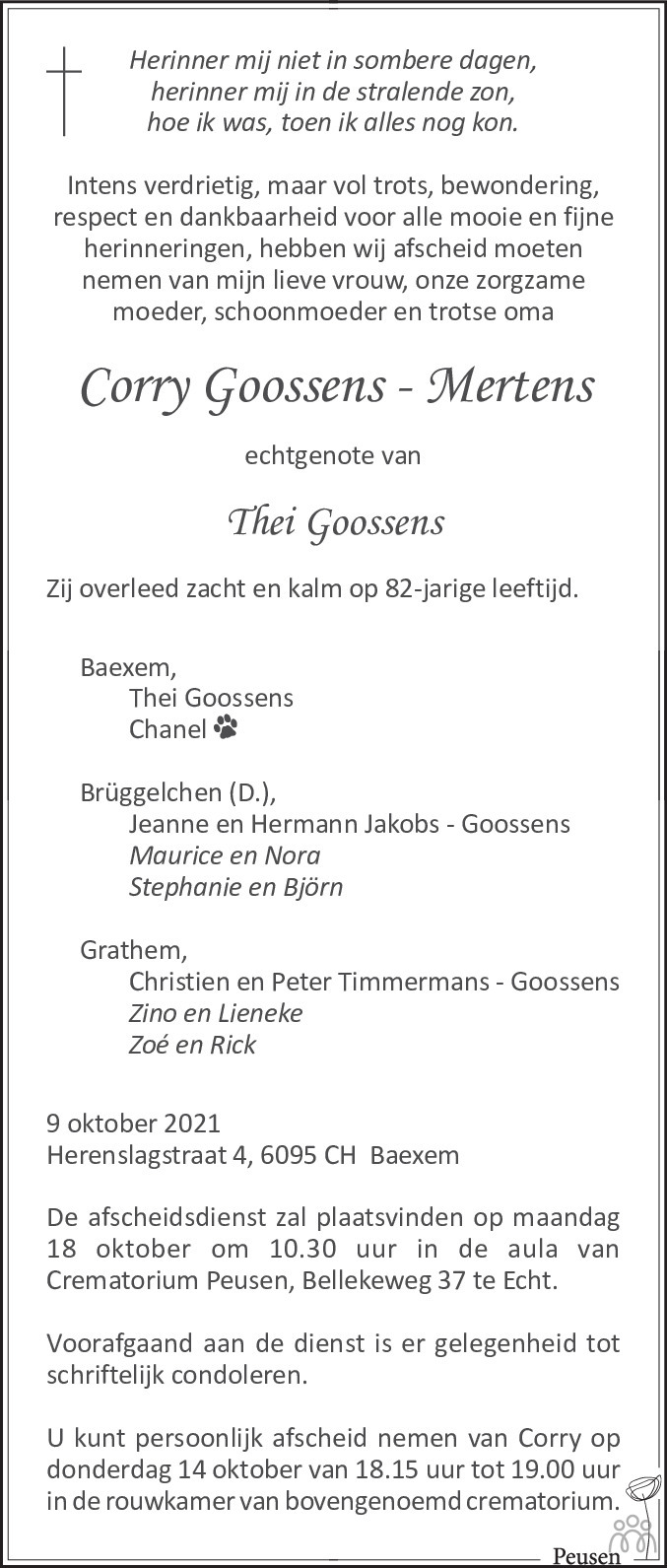 Overlijdensbericht van Corry Goossens-Mertens in De Limburger