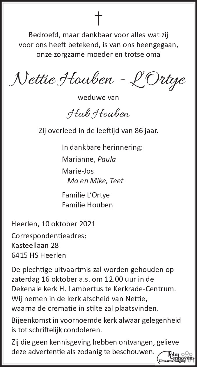 Overlijdensbericht van Nettie Houben-L'Ortye in De Limburger