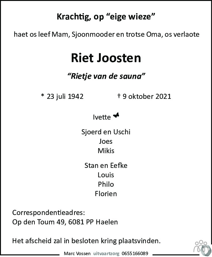 Overlijdensbericht van Riet Joosten in De Limburger