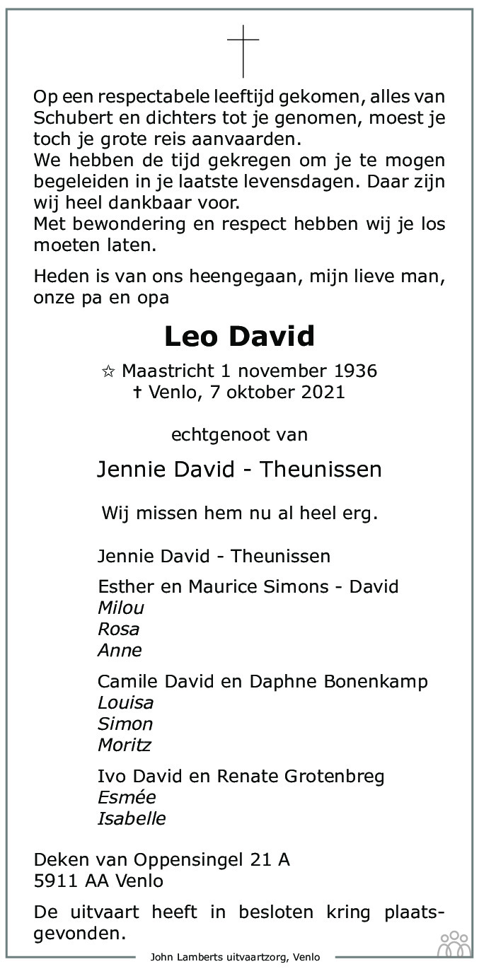 Overlijdensbericht van Leo David in De Limburger